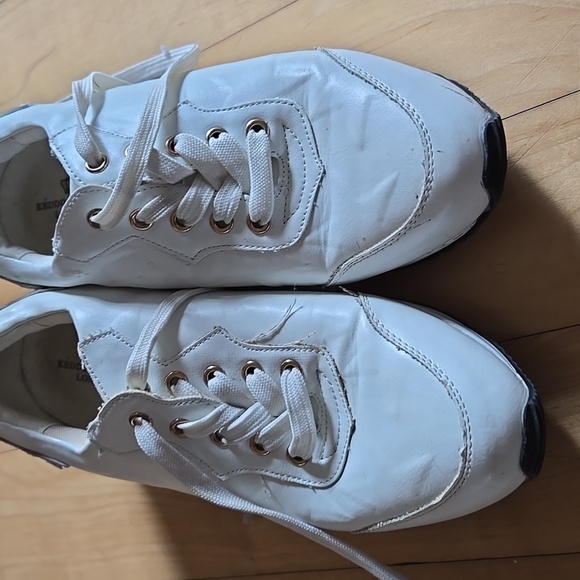 EURO RETRO FAUX LEATHER White GOLD STARS Platform Sneakers with Gold Trim 8.5 - Picture 7 of 12